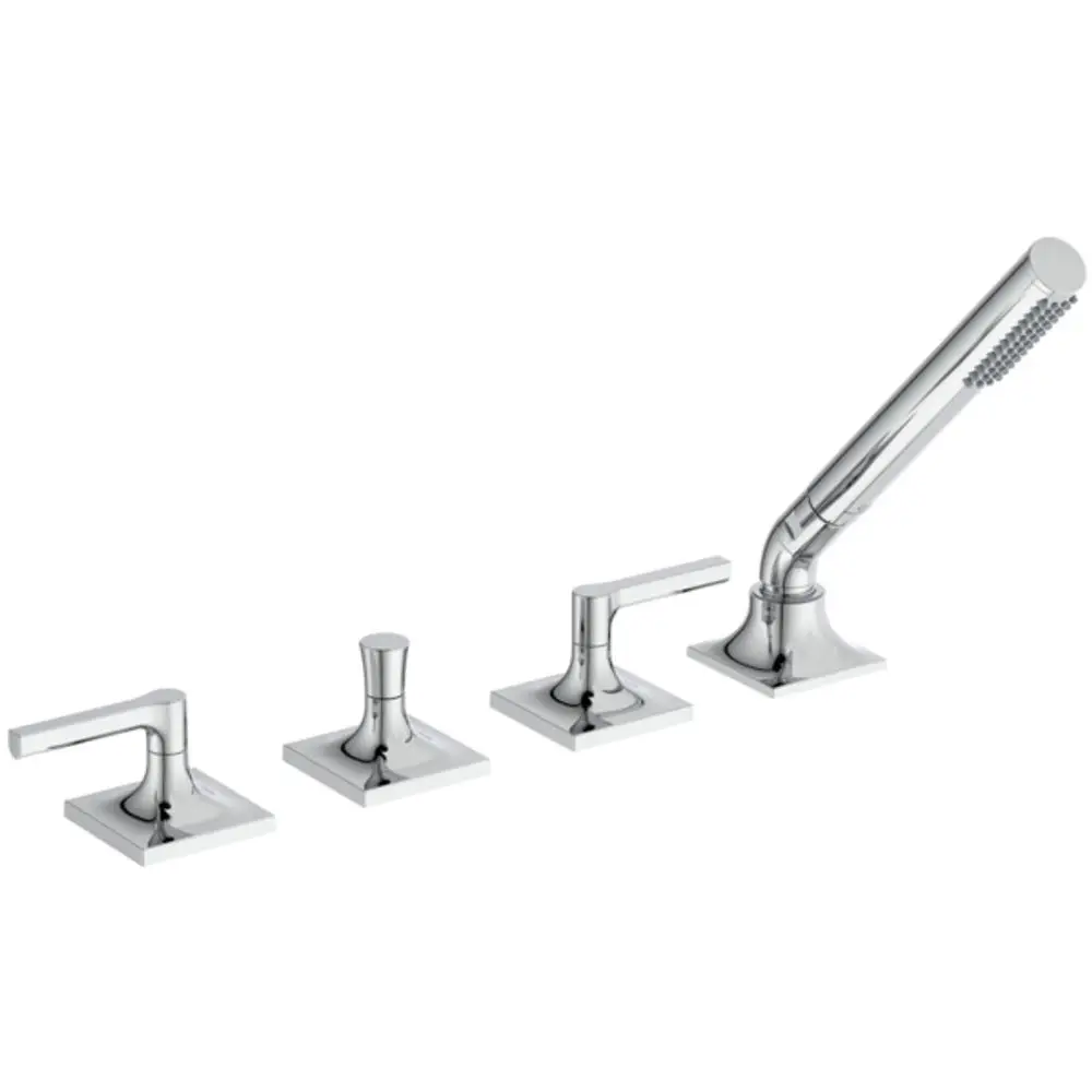 Vierteilige Badarmatur in Chrom von Ideal Standard, bestehend aus zwei Hebelgriffen, einer mittleren Steuereinheit und einer ausziehbaren Brause.